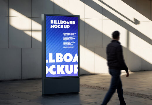 Vertical Street Billboard Lightbox Mockup with Hard Sun Shadows and Pedestrian Blur