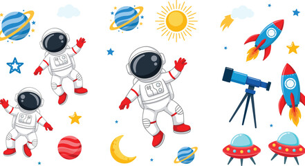 Cute outer space vector illustration set featuring cartoon astronauts rockets planets and telescope elements © Rony