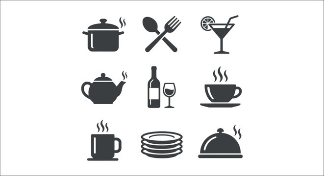 Culinary Icons Collection Flat Silhouette Style On White Background cookware kitchenware dining food beverage restaurant catering meal pot saucepan ladle spoon fork cocktail martini