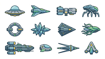 Collection of cartoon style alien spaceships and UFOs. © Ilul