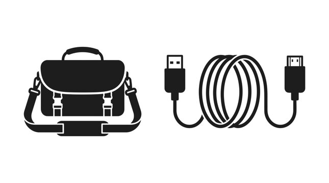 Messenger Bag and USB Cable Icons - Digital Technology and Travel Concept