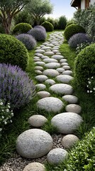 Naklejka premium Serene Garden Pathway Lined with Lavender and Lush Greenery, Stone Steps Leading Through Beautiful Landscape