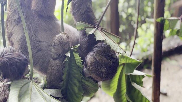 A sloth clings to broad green leaves in a humid Honduras rainforest habitat.