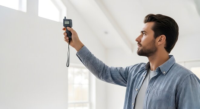 Young man using a digital light meter to measure light in a modern, bright room with large windows, assessing interior lighting conditions.