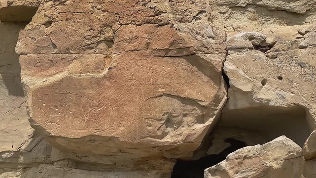 Pan to old petroglyphs at Writing-on-Stone Aisinai&rsquo;pi sandstone cliff