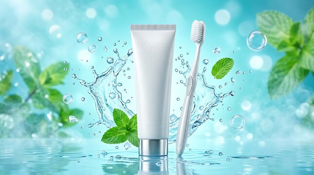 Refreshing oral care concept with a toothpaste tube, toothbrush, dynamic water splashes, and fresh mint leaves, symbolizing cleanliness and fresh breath