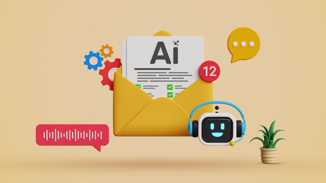 Email Automation Concept, Use AI Email to Schedule and Trigger Customer Messages to Audience, Customer Support, AI Helpdesk. AI Chatbot Email Assistant. 3D Illustration