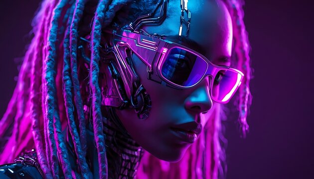 Futuristic cyberpunk woman cyborg portrait with neon purple glasses and long dreadlocks hair, high-tech female android character with cybernetic neural implants 3D render