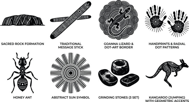 Set of Aboriginal Australian cultural symbols and dot art style vector icons