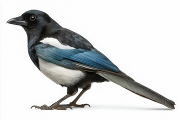 Obraz premium Magpie bird side view white background feather tail wildlife nature black plumage blue wing Elegant magpie bird side view white background with