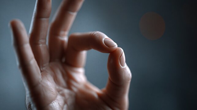 Close up of a person's hand forming the 'Okay' or 'A-OK' gesture with blurred background