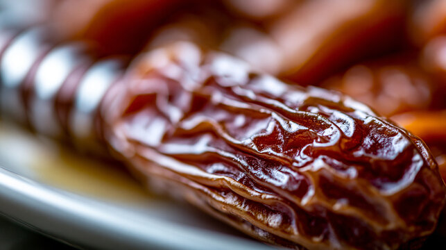 Extreme closeup of a single pitted date fruit on a white plate with nutritious