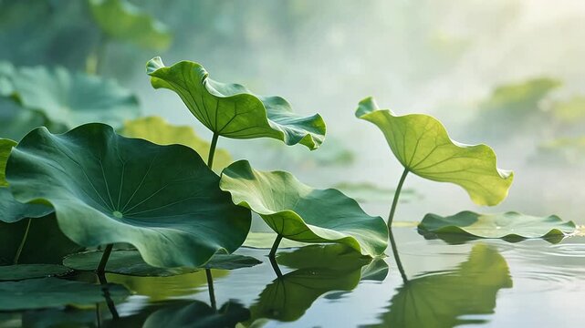 Lotus leaves on water with mist