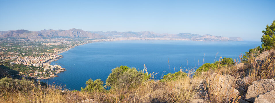 Panoramic view of the gulf of Palermo from Monte Catalfano park in Sicily	