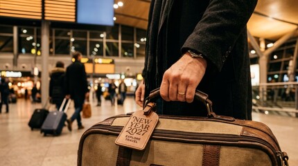 Obraz premium Traveler holding luggage in busy airport terminal