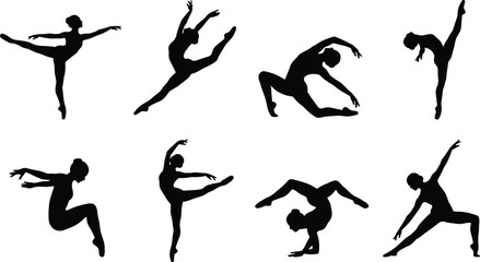 Set of black silhouettes of ballet dancers and gymnasts isolated on white background © Juwel