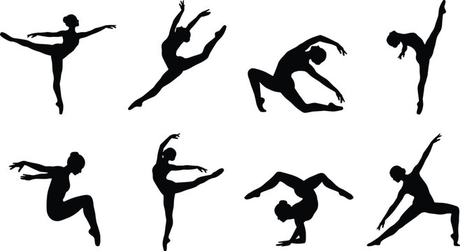 Set of black silhouettes of ballet dancers and gymnasts isolated on white background