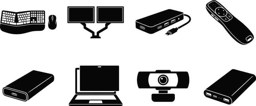 Set of black silhouettes of computer peripherals and workspace accessories isolated on white background