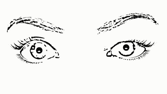 Artistic ink drawing of human eyes and eyebrows with simple blinking motion graphics
