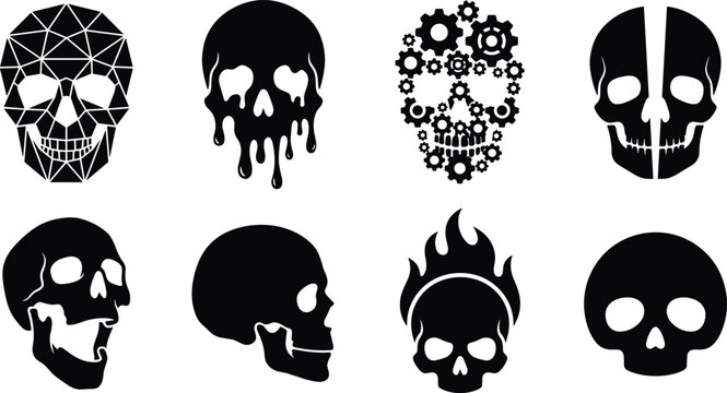 Set of Black Skull Icons Featuring Artistic Variations and Stylized Designs