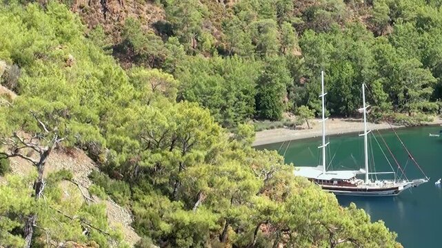 A beautiful gulet rests peacefully on the emerald waters of Oludeniz Bay, Turkey. Lush green hillsides embrace the tranquil cove under a warm, sunlit sky, inviting a serene escape.