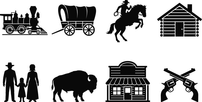 Set of black Wild West and American frontier historical icons