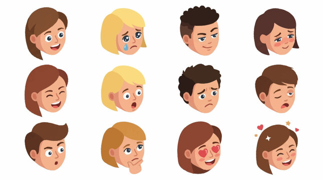 Colorful cartoon character expressions and emotions set.