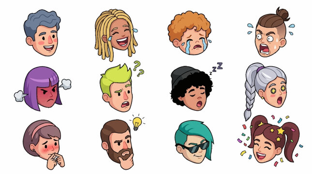 Colorful cartoon character faces with various expressions.