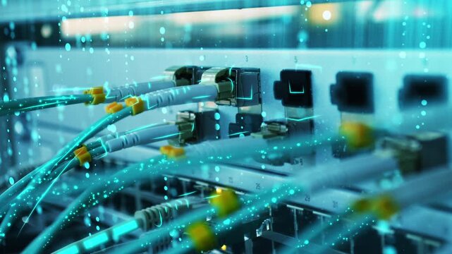 Technology optical transmission, close-up of network switch ports with fiber-optic and Ethernet cables, glowing teal data streams, and floating digital particles in a high-tech server environment.