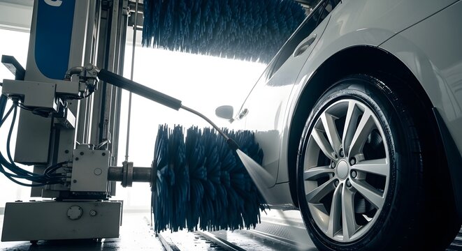 Modern automatic car wash machine cleaning a white vehicle with spinning brushes and water, ensuring a spotless finish.
