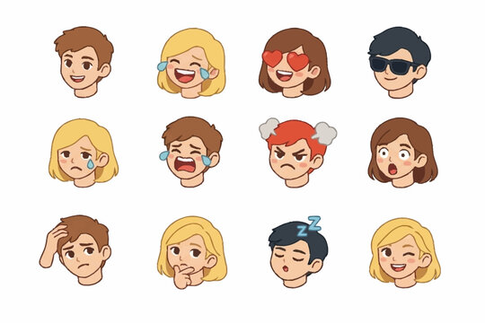 Colorful cartoon emoji faces expressing various emotions.