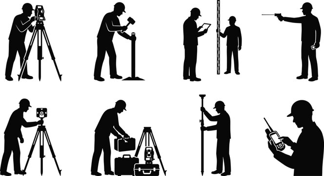 Set of land surveyor silhouettes working with total station geodetic equipment and tripod