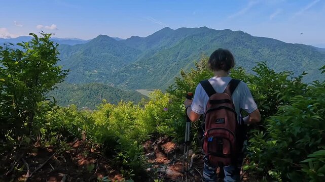 Hiker walking mountain trail rear view in Georgia, carrying backpack near forest overlook with Caucasus peaks for hiking tourism, route planning, countryside travel, and outdoor trekking media