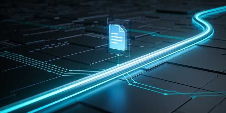 Digital document evidence capture from continuous data workflow with glowing routing stream and dark technology background for audit trail and process control banner