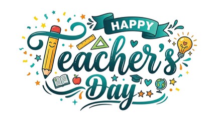 Obraz premium Happy teacher's day celebration with colorful school icons