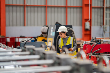Fototapeta premium Female quality engineer inspecting industrial production equipment while recording operational data on clipboard inside modern factory. Manufacturing inspection supporting quality assurance.