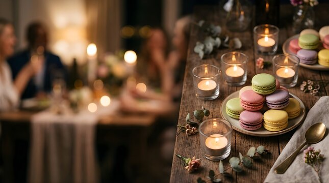 Colorful macarons on wooden table with candles at a dinner party