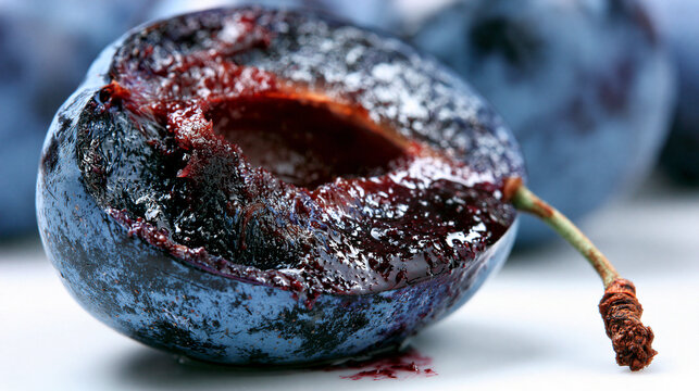 Halved ripe dark plum fruit showing juicy pulp and stone on surface with ingredient