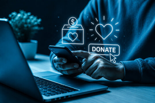 Person using a modern smartphone to make a digital financial contribution through an online charity platform featuring glowing neon icons of a heart and a money box for charitable giving.