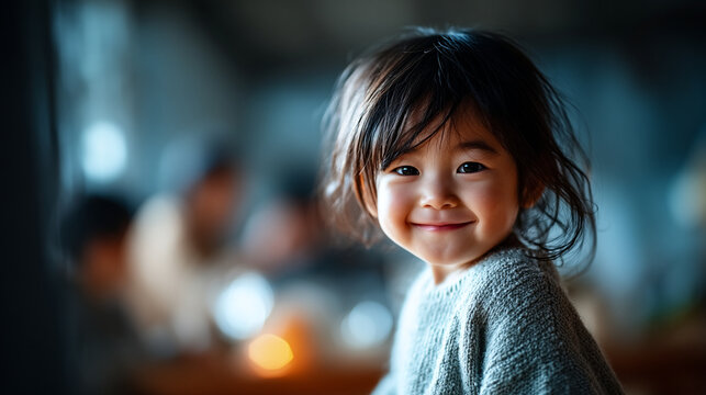 Portrait of a smiling young asian girl in a cozy indoor setting with portrait, innocent