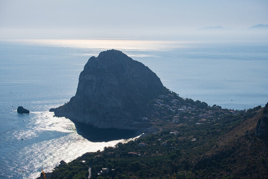 Panoramic view of Capo Zafferano rocky promontory from Monte Catalfano park in Sicily

