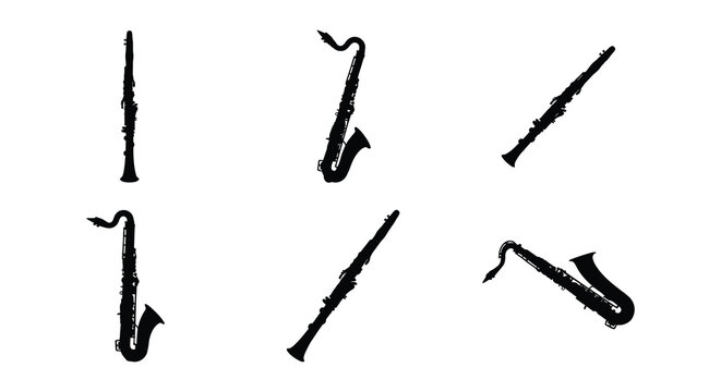 Black vector silhouettes of various woodwind instruments on a white background