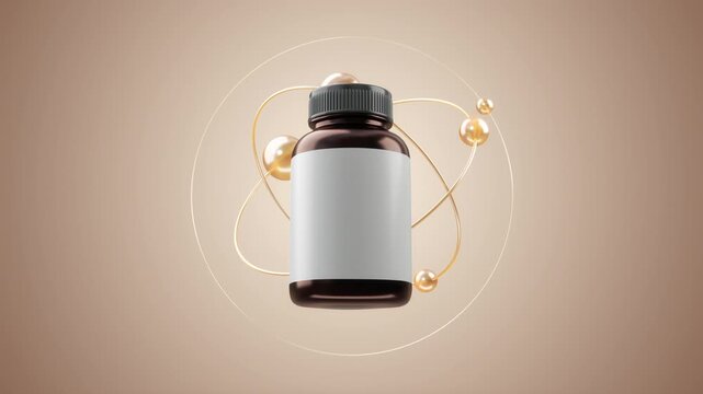 3D animation, Bottle Pills Supplement Bottle Mock-up with atom rings, Alpha mate.