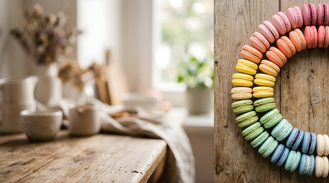 Colorful Rainbow Macarons Arranged in a Circle on a Rustic Wooden Background