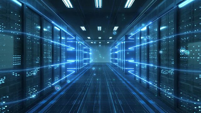 Technology light big data room, A symmetrical data center corridor lined with server racks, traversed by glowing blue data streams and digital icons, in a high-tech networked environment.