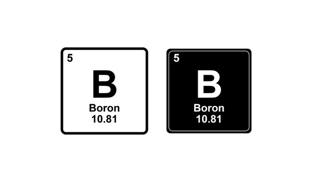 Two periodic table element cards for Boron, one with a white background and one with a black background, showing atomic number 5, symbol B, and atomic mass 10.81.