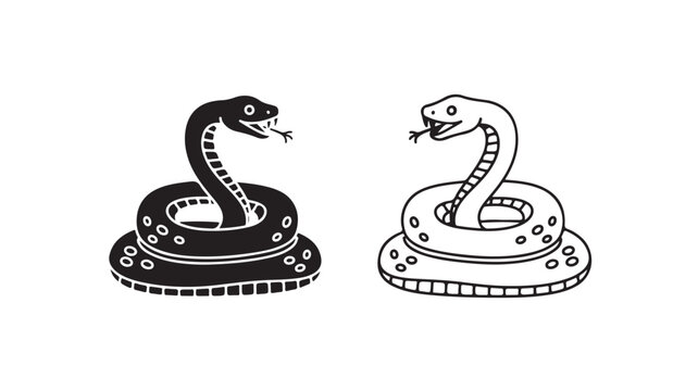 Black and white snake icons with coiled bodies and sharp teeth, facing each other in cartoon style