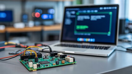 Fototapeta premium Embedded system development with microcontroller board and software programming workstation