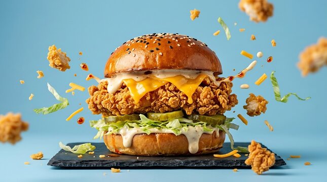 Crispy fried chicken burger with melted cheese, pickles, and lettuce on black slate with dynamic flying ingredients against blue background