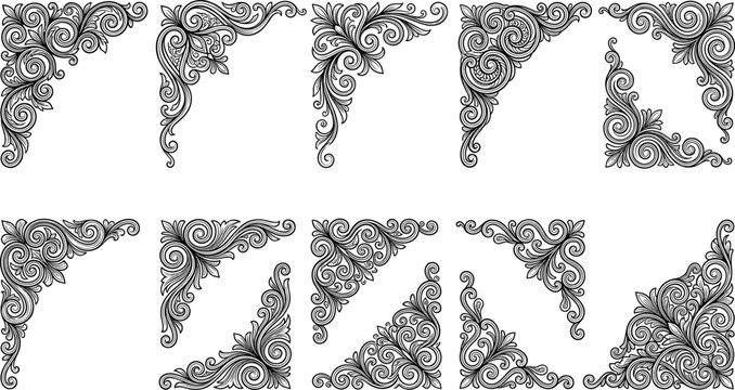 Vintage baroque corner frames and ornate filigree decorative borders set isolated on white background